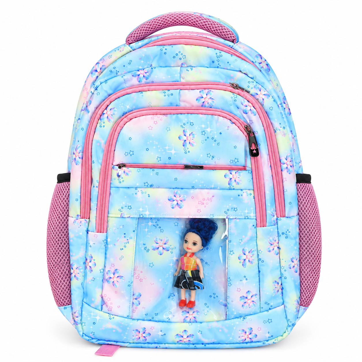 Kids Stylish School Backpack – Blue & Pink Flower Design