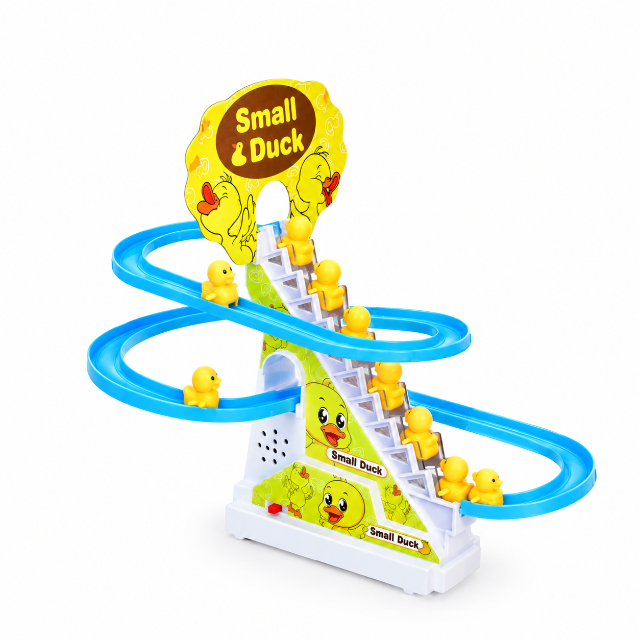Small Duck Climbing Stairs & Slide Track Toy – 9 Pcs Musical Light Toy for Kids