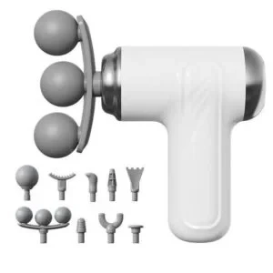 Fascia Gun Light Age, a portable 3-head percussive deep-tissue massager that comes with nine interchangeable attachment heads